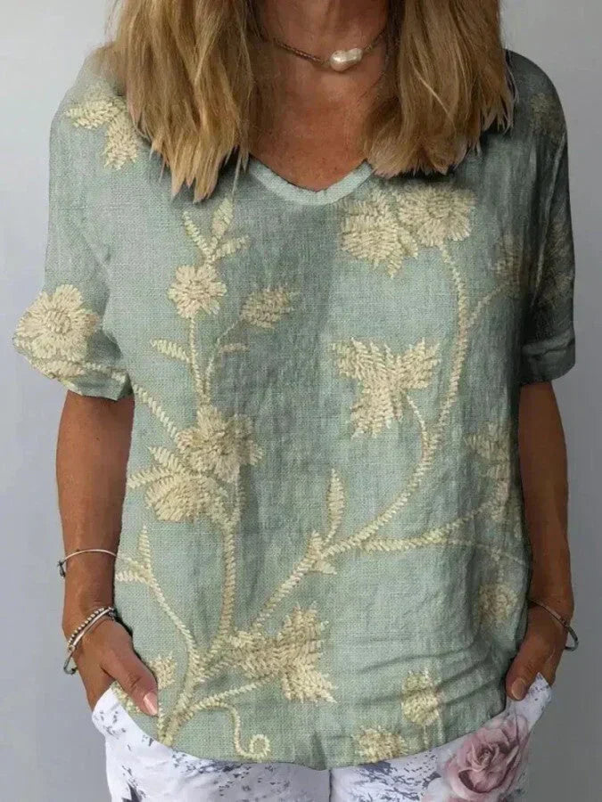 Variant image for Ava | Dames Lange Blouse Witte Retro Bloemenprint-1
