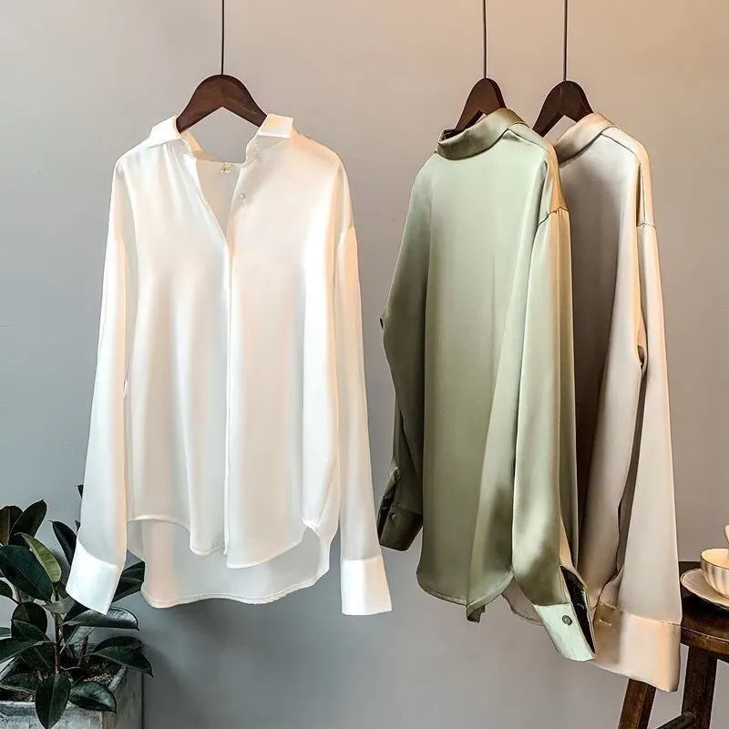 Ava | Dames Blouse Zwart Lange Mouw Luxe Satijn-6